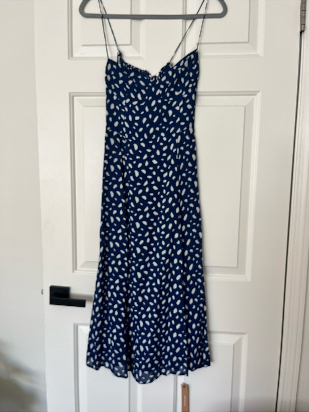 Reformation Navy and White Polka Dot A-Line Midi Skirt